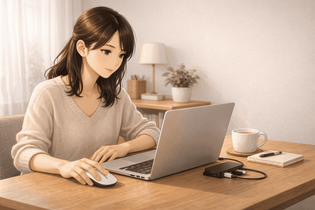 整理されたデスクで作業する女性の大人っぽいイラスト