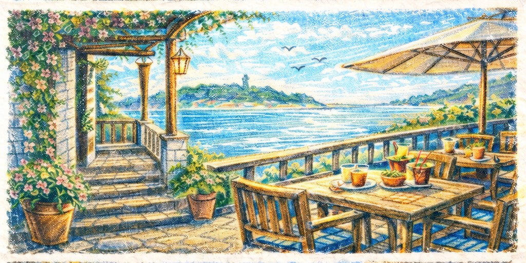 海を望むテラス席で愛犬とくつろぐ時間